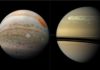 Astronomie: rapprochement entre Jupiter et Saturne visible dans le ciel Jupiter (à gauche) et Saturne (à droite), photographiées de près par la Nasa, respectivement en 2019 et 2011. • © National Aeronautics and Space Administration (Nasa)